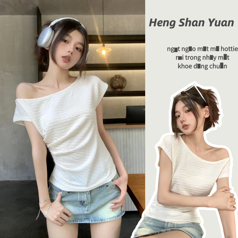 Áo Thun Trễ Vai Xếp Ly Dáng Ôm Thời Trang Mùa Hè Xinh Xắn Cho Nữ