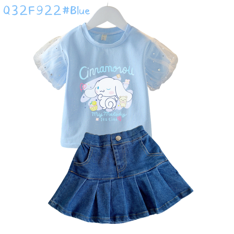 Bộ Áo Thun cotton In Hoạt Hình kuromi Phối Chân váy jean Xếp Ly Kiểu Hàn Quốc Thời Trang Cho Bé Gái