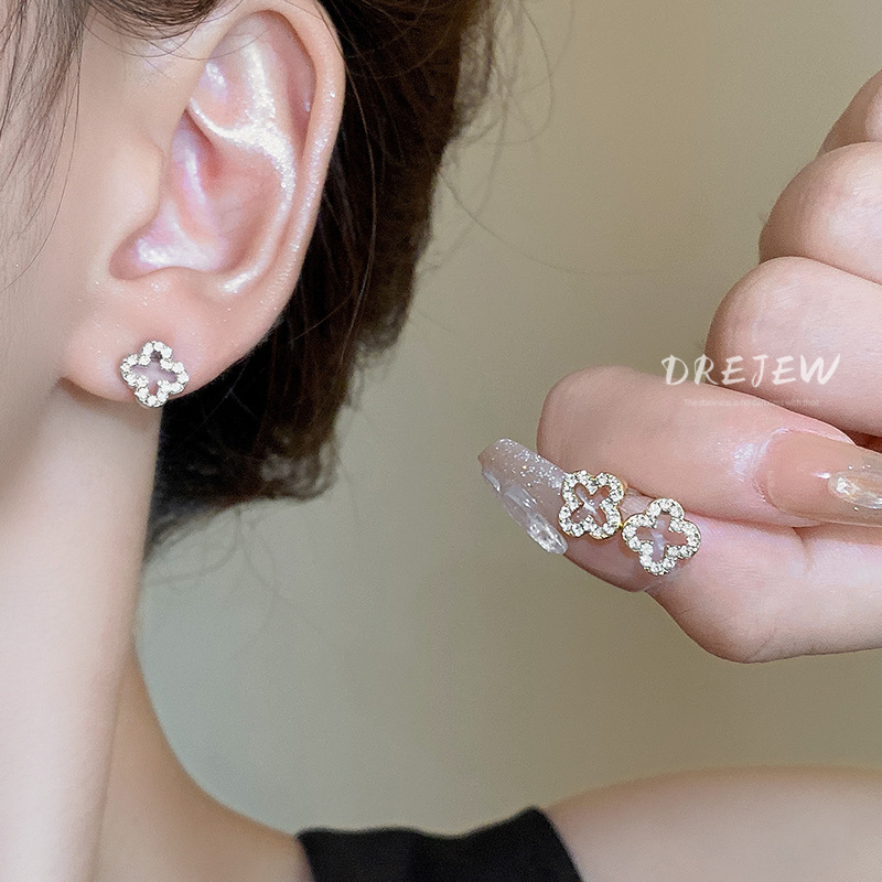 DREJEW Bông Tai Bạc 925 Hình Hoa đính Kim Cương Giả Sang Trọng Phong Cách Hàn Quốc Cho Nữ Khuyêc Tai Bạc