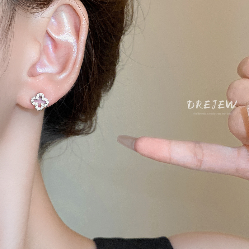 DREJEW Bông Tai Bạc 925 Hình Hoa đính Kim Cương Giả Sang Trọng Phong Cách Hàn Quốc Cho Nữ Khuyêc Tai Bạc