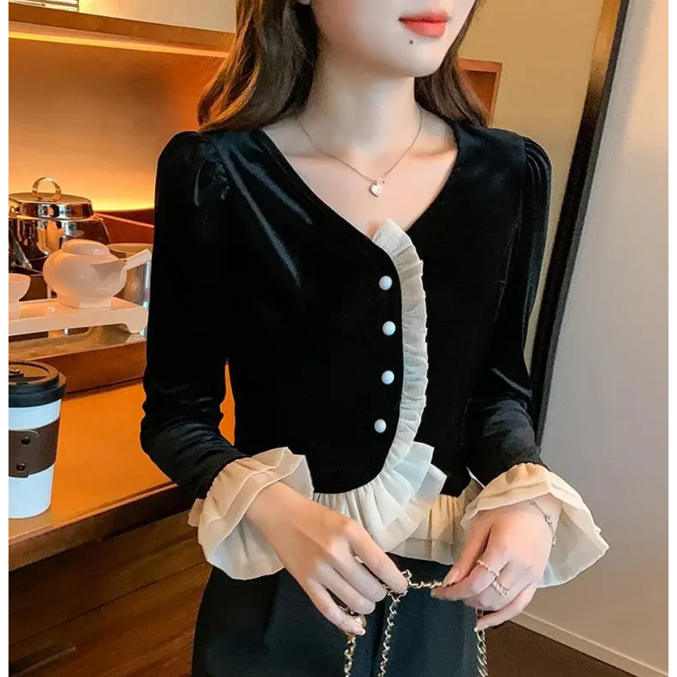 Áo Sơ Mi Tay Dài Dáng Ôm Vải Nhung Thời Trang Pháp Cổ Điển Sang Trọng Cho Nữ