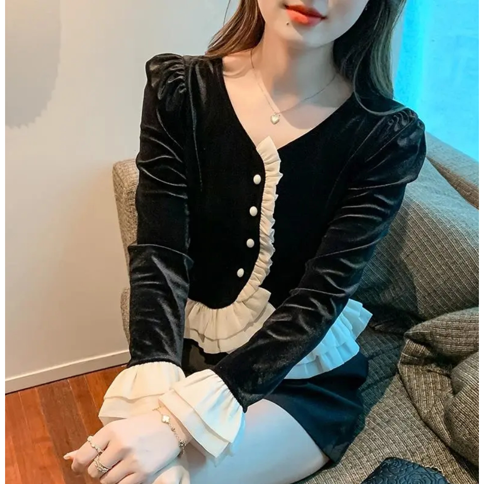 Áo Sơ Mi Tay Dài Dáng Ôm Vải Nhung Thời Trang Pháp Cổ Điển Sang Trọng Cho Nữ