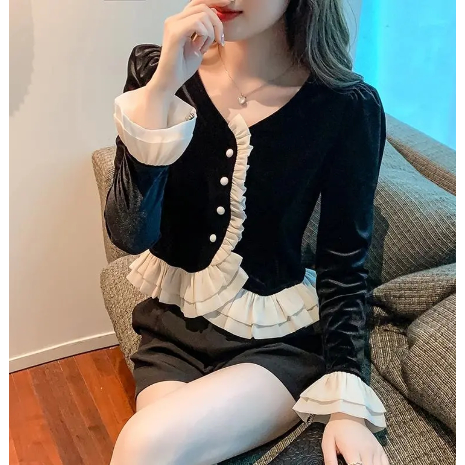 Áo Sơ Mi Tay Dài Dáng Ôm Vải Nhung Thời Trang Pháp Cổ Điển Sang Trọng Cho Nữ