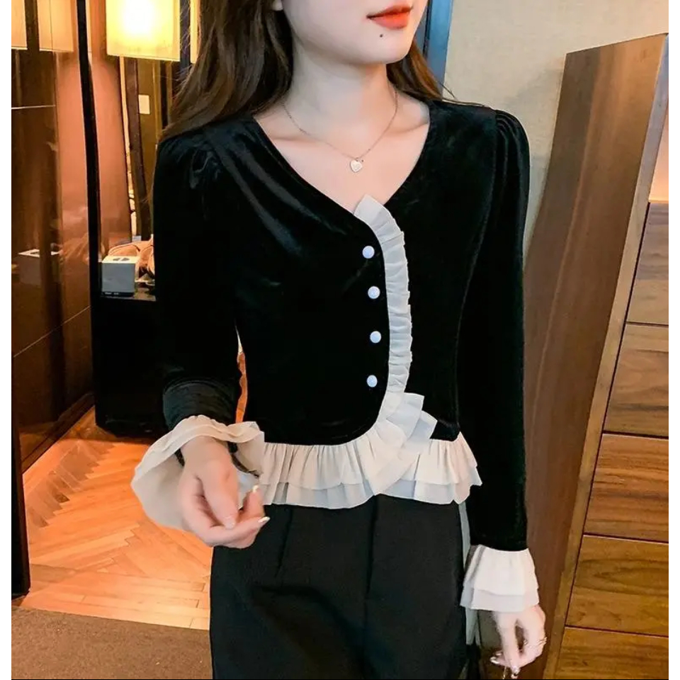 Áo Sơ Mi Tay Dài Dáng Ôm Vải Nhung Thời Trang Pháp Cổ Điển Sang Trọng Cho Nữ