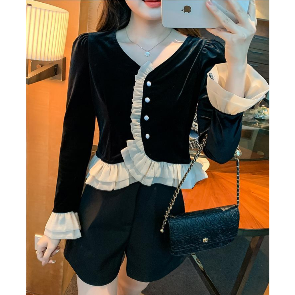 Áo Sơ Mi Tay Dài Dáng Ôm Vải Nhung Thời Trang Pháp Cổ Điển Sang Trọng Cho Nữ