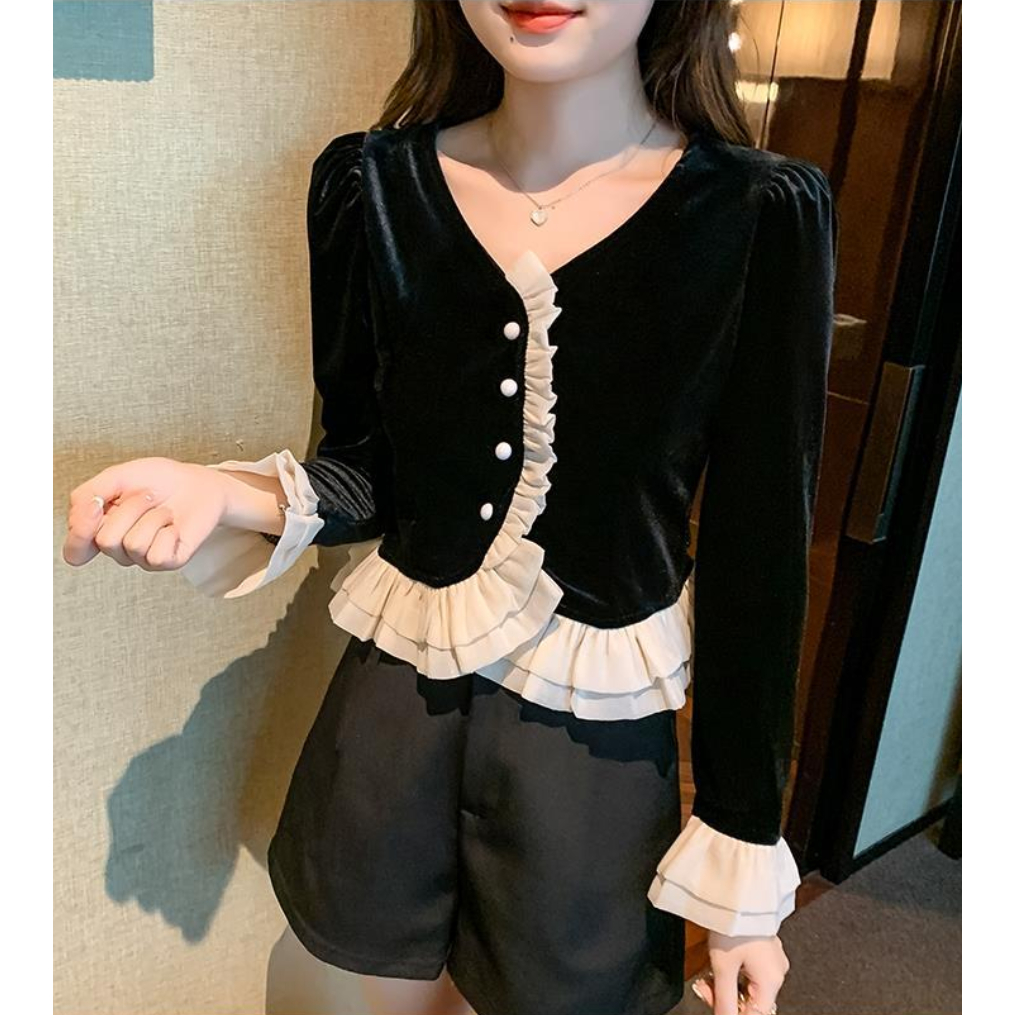 Áo Sơ Mi Tay Dài Dáng Ôm Vải Nhung Thời Trang Pháp Cổ Điển Sang Trọng Cho Nữ