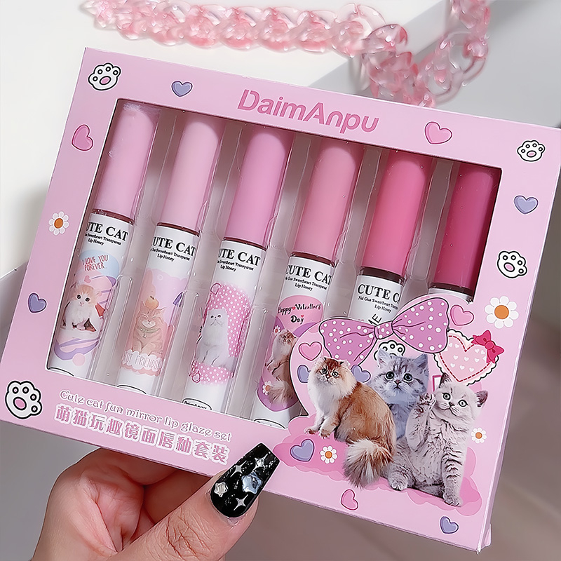 Daimanpu set Son Bóng Tráng Gương Hình Mèo Dễ Thương Kèm Hộp Đựng Phụ Kiện Chuyên Dụng Dành Cho D1655 d165