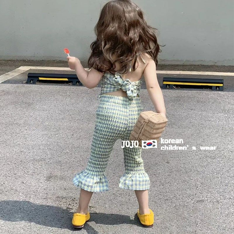 Bộ Áo Hai Dây Co Giãn Kèm Quần Ống Loe Thời Trang Mùa Hè Phong Cách Hàn Quốc Cho Nữ