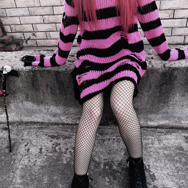 Áo len dệt kim dài tay kẻ sọc thiết kế lỗ rách phong cách bụi bặm thời trang dành cho nữ