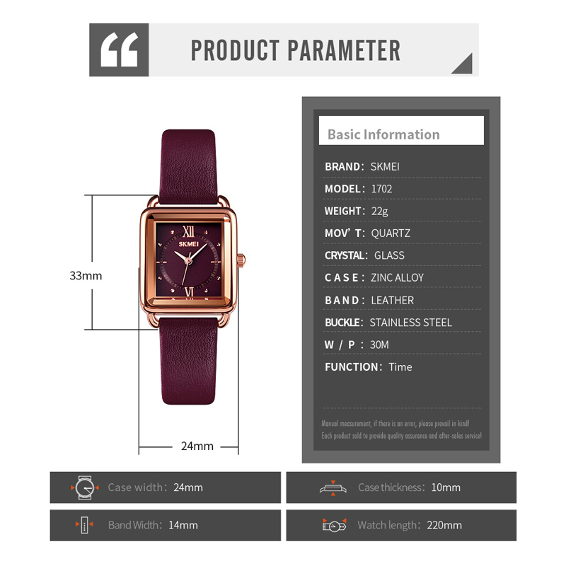 Skmei Đồng Hồ quartz Mặt Vuông Chống Thấm Nước 1702