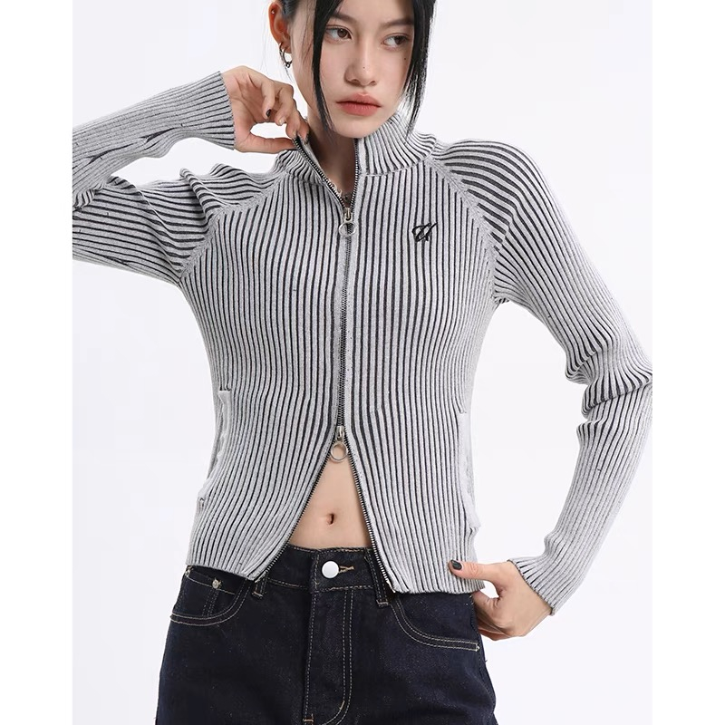 Honypove Mới Áo Khoác Len Hai Đầu Có Khóa Kéo Với Họa Tiết Thêu Theo Phong Cách Retro Mỹ Thẻ