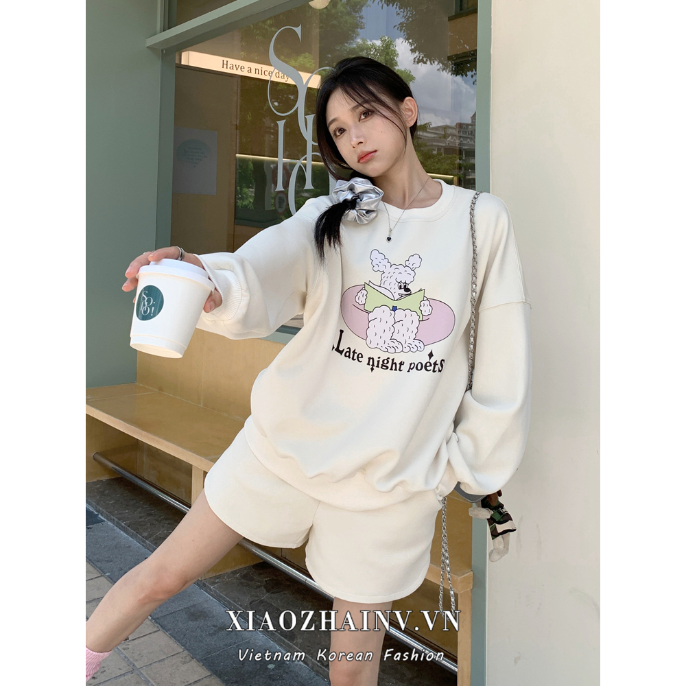 Xiaozhainv Set Áo Nỉ Dài Tay Cổ Tròn + Quần Short Lưng Cao Ống Rộng Thời Trang Nữ