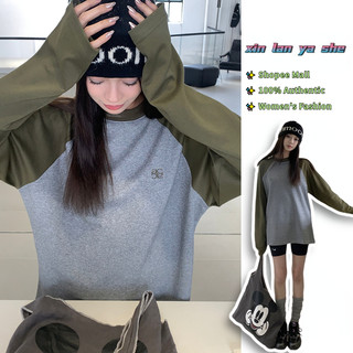 XIN LAN YA SHE Áo Thun Tay Dài Dáng Rộng Màu Sắc Tương Phản Phong Cách Hàn Quốc Dành Cho Nữ