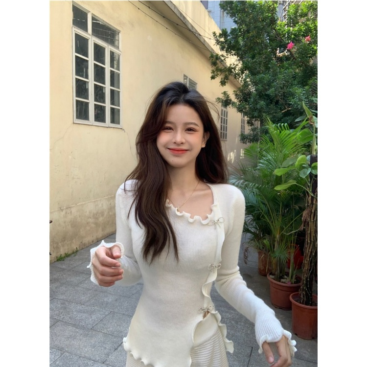 Áo sweater Dệt Kim Tay Dài Thiết Kế Không Đều Hai Bên niche Thời Trang Mới 2023 Dành Cho Bạn Nữ