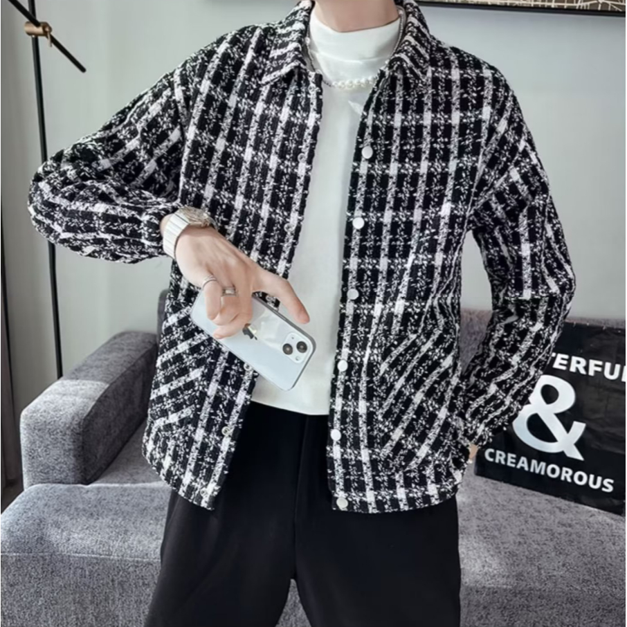 【2 Màu】Áo khoác nam mùa Đông dáng Ôm họa tiết kẻ hợp thời trang fashion cotton simple cho nam chất lượng cao thiết kế cảm giác in lưới nặng tay áo dài thai ngoài cặp vợ chồng cùng loại