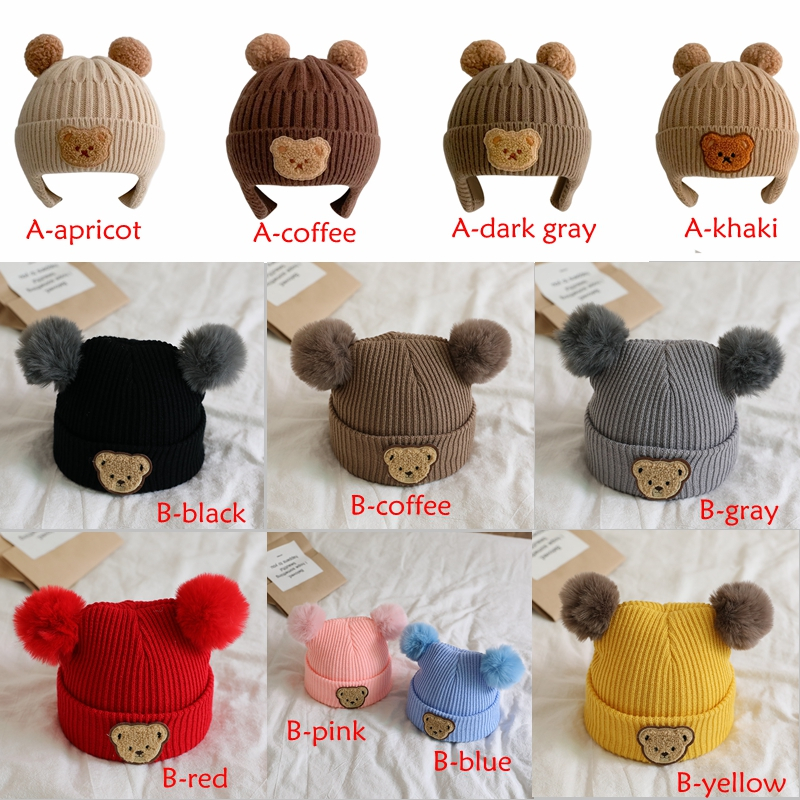 Mũ Len Dệt Kim Dày Dặn Giữ Ấm Tai Họa Tiết Gấu Hoạt Hình Dành Cho Bé Trai Và Bé Gái