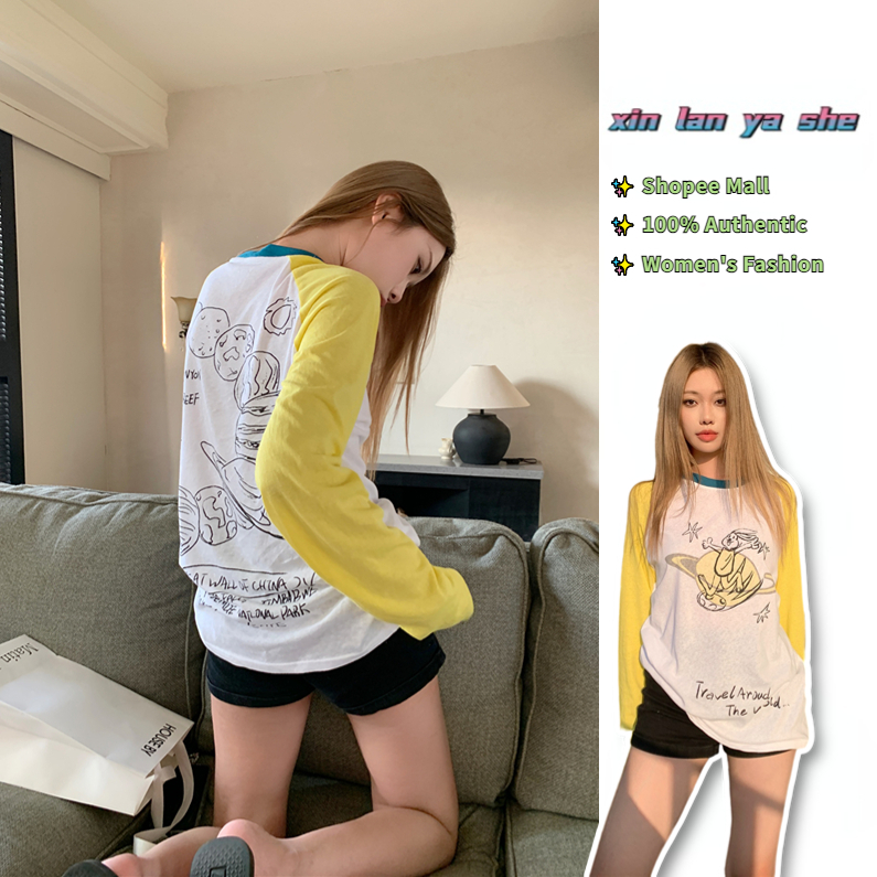 XIN LAN YA SHE Áo Thun Mỏng Tay Dài Dáng Rộng In Họa Tiết Màu Sắc Tương Phản Phong Cách Hàn Quốc Cho Nữ