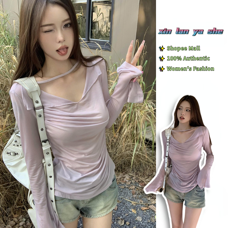 XIN LAN YA SHE Áo Thun Tay Dài Dáng Ôm Mỏng Nhẹ Trong Suốt Phong Cách Hàn Quốc Thời Trang Cho Nữ