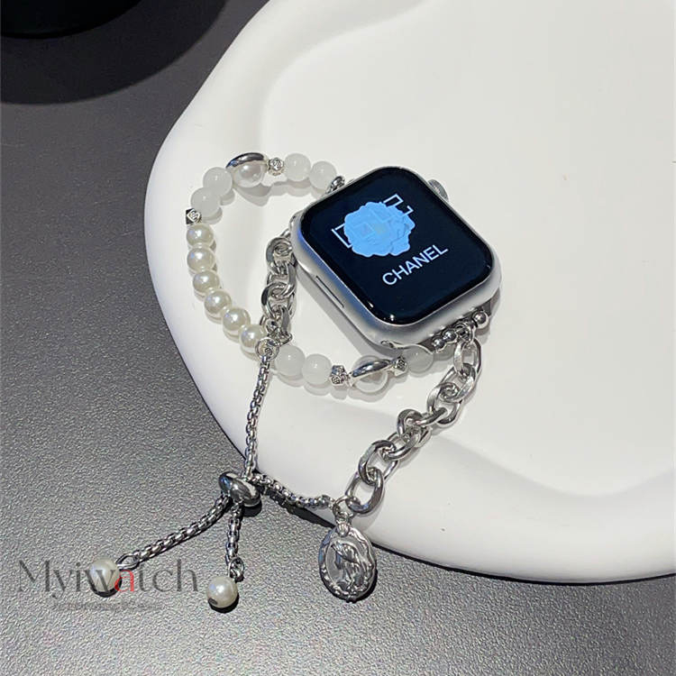 Sang Trọng Dây Đeo Dạng Xích Đính Ngọc Trai Cho iwatch series 8 7 6 se 5 4 3 2 1 49mm 45mm 44mm 41mm 40mm 38mm 42mm