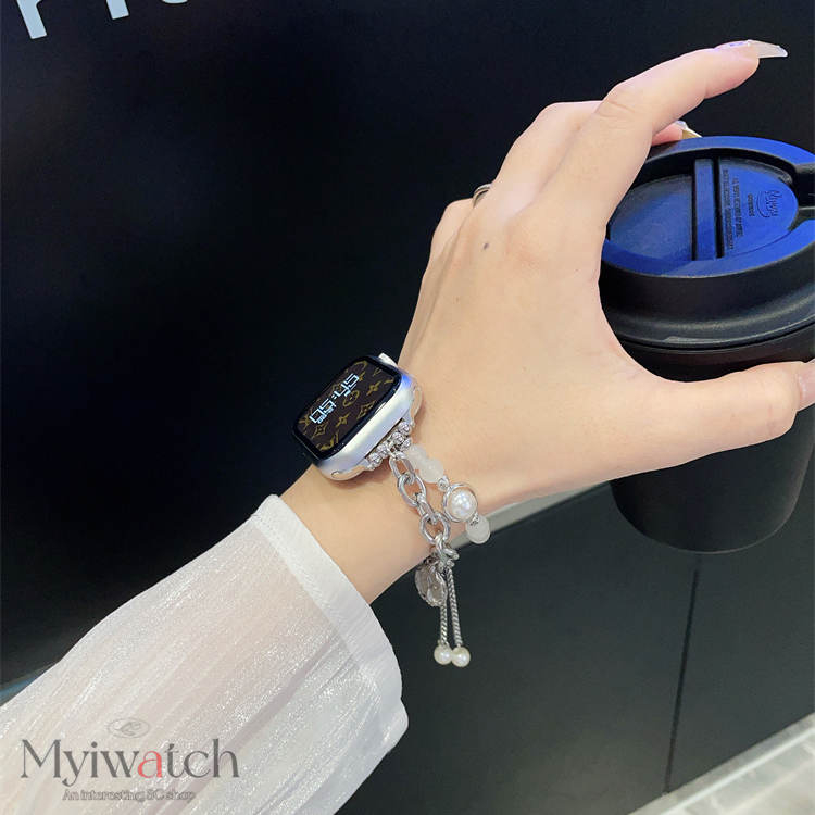 Sang Trọng Dây Đeo Dạng Xích Đính Ngọc Trai Cho iwatch series 8 7 6 se 5 4 3 2 1 49mm 45mm 44mm 41mm 40mm 38mm 42mm