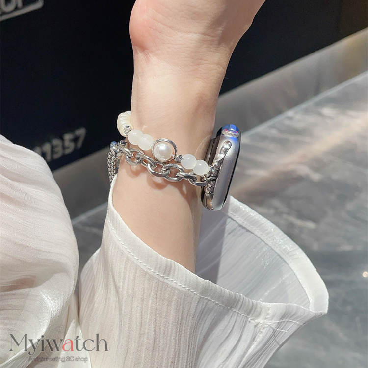 Sang Trọng Dây Đeo Dạng Xích Đính Ngọc Trai Cho iwatch series 8 7 6 se 5 4 3 2 1 49mm 45mm 44mm 41mm 40mm 38mm 42mm