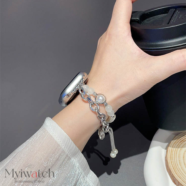 Sang Trọng Dây Đeo Dạng Xích Đính Ngọc Trai Cho iwatch series 8 7 6 se 5 4 3 2 1 49mm 45mm 44mm 41mm 40mm 38mm 42mm