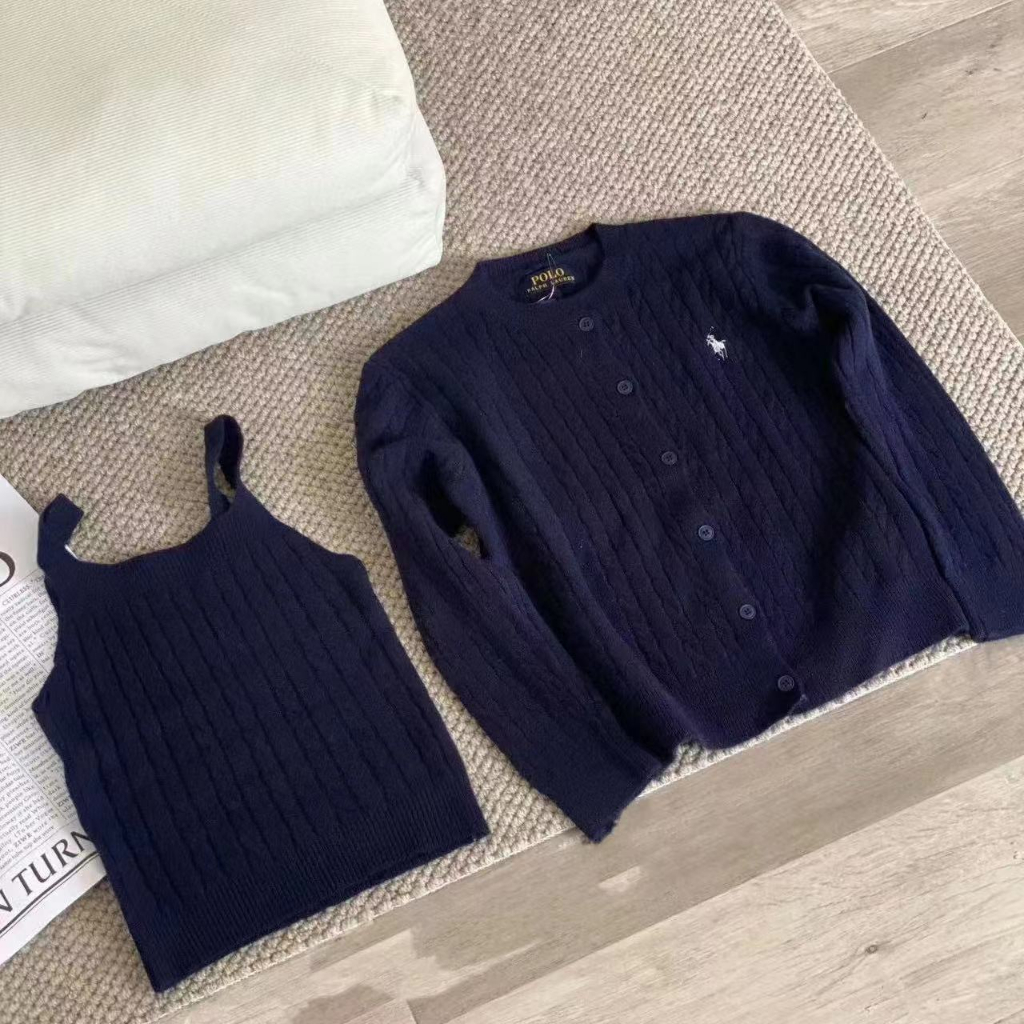 Ralph Lauren* RL Bộ Áo Khoác cardigan Dệt Kim + Áo Sát Nách Xinh Xắn Cho Bé Gái