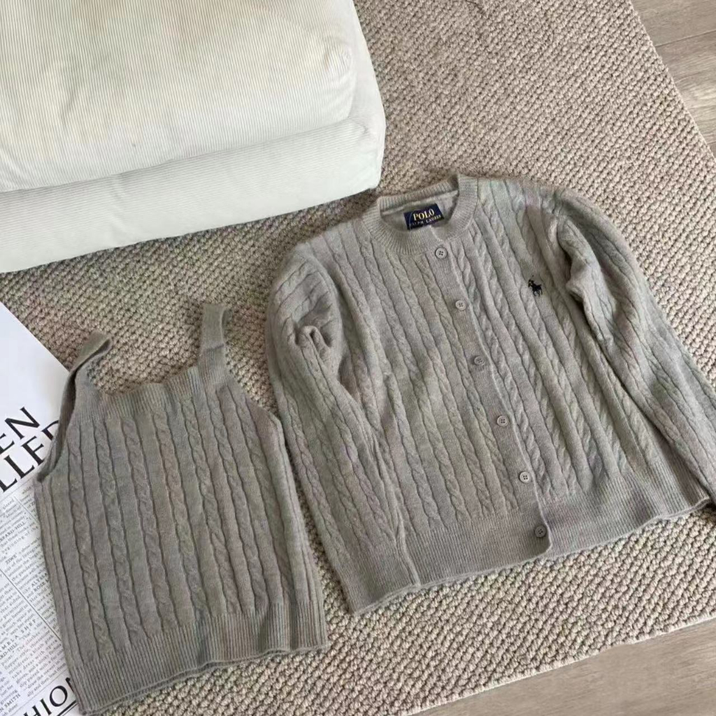Ralph Lauren* RL Bộ Áo Khoác cardigan Dệt Kim + Áo Sát Nách Xinh Xắn Cho Bé Gái