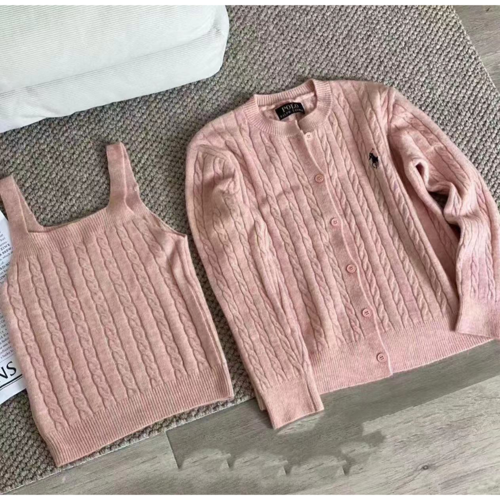 Ralph Lauren* RL Bộ Áo Khoác cardigan Dệt Kim + Áo Sát Nách Xinh Xắn Cho Bé Gái