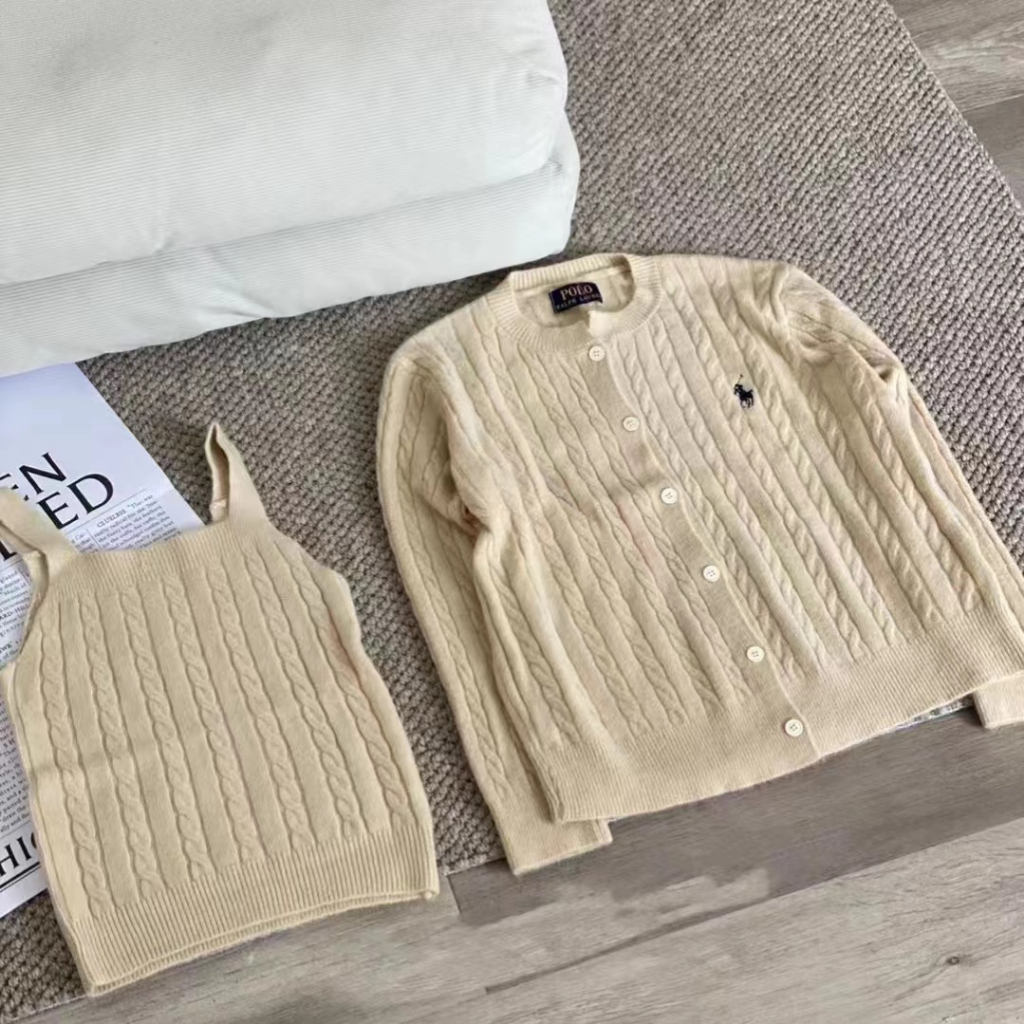 Ralph Lauren* RL Bộ Áo Khoác cardigan Dệt Kim + Áo Sát Nách Xinh Xắn Cho Bé Gái