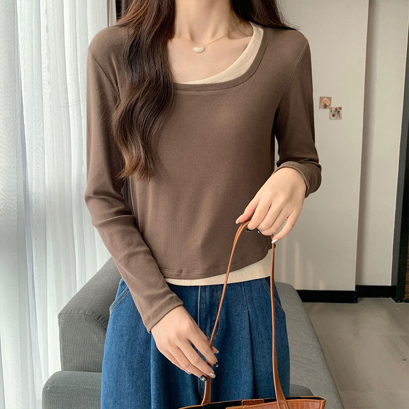 Áo Thun Dài Tay Cổ Vuông Giả Hai Lớp Mềm Mại Phối Màu Tương Phản Thời Trang 58058