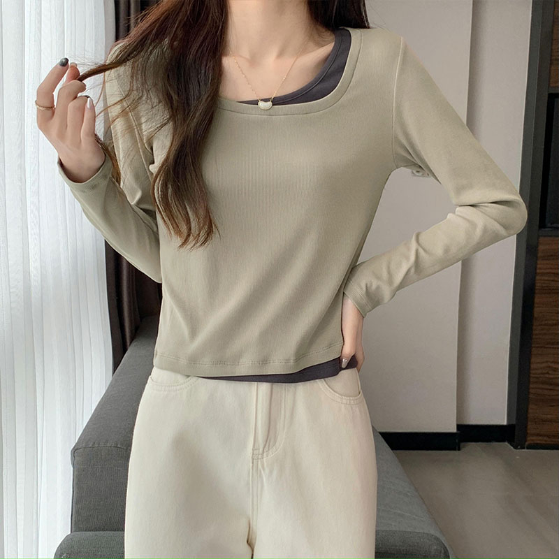 Áo Thun Dài Tay Cổ Vuông Giả Hai Lớp Mềm Mại Phối Màu Tương Phản Thời Trang 58058