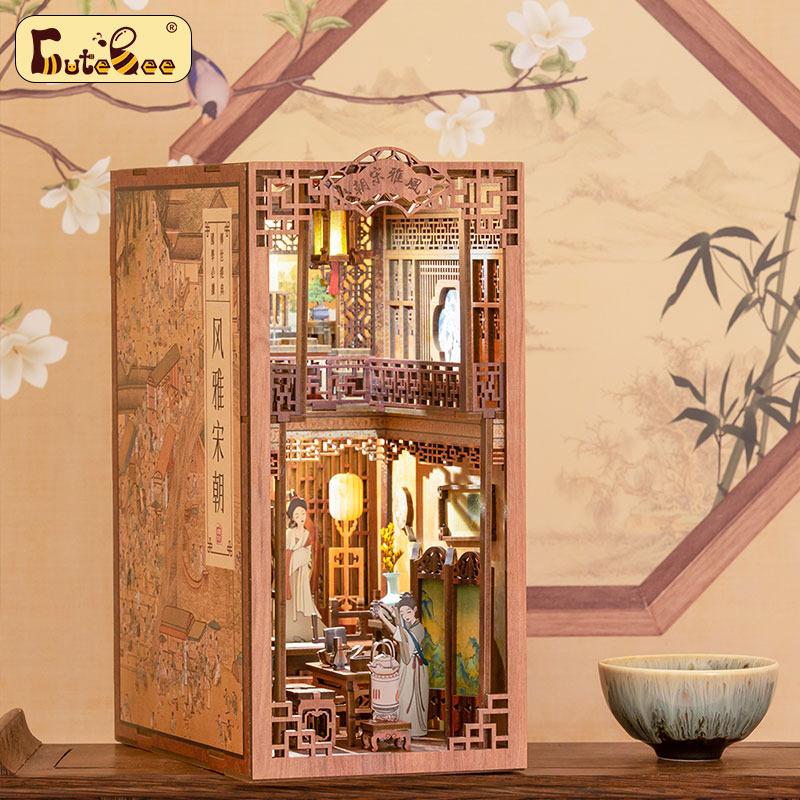 CUTEBEE Chủ đề Trung Quốc DIY Book Nook Kit nhà búp bê ngôi nhà búp bê mô hình nhà gỗ Có nắp che bụi