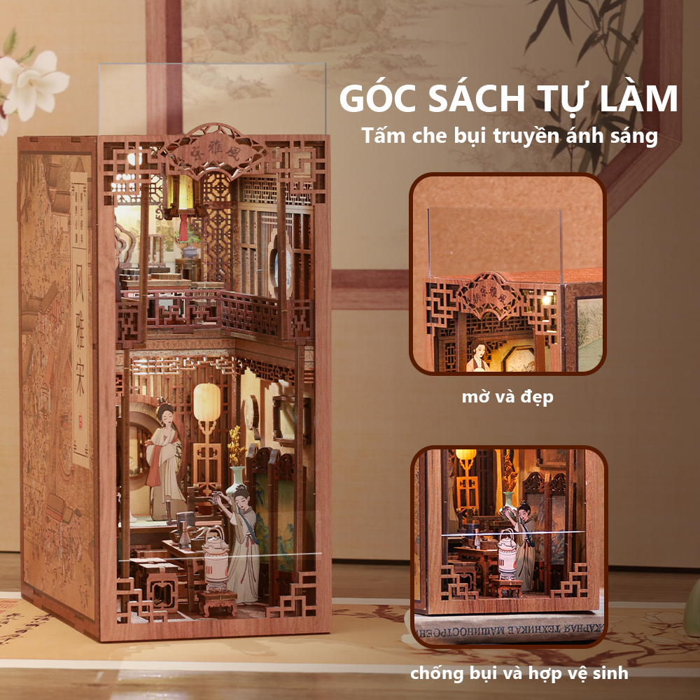 CUTEBEE Chủ đề Trung Quốc DIY Book Nook Kit nhà búp bê ngôi nhà búp bê mô hình nhà gỗ Có nắp che bụi