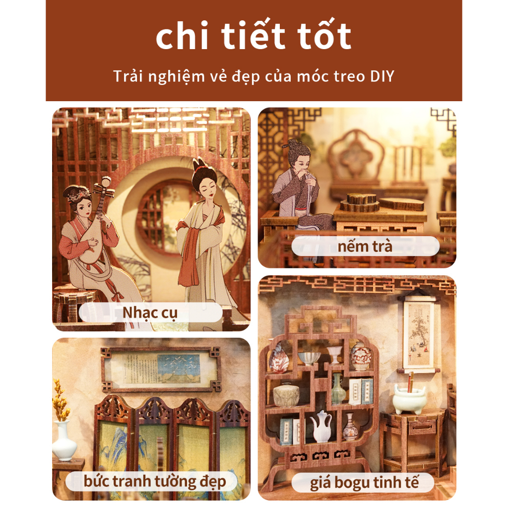 CUTEBEE Chủ đề Trung Quốc DIY Book Nook Kit nhà búp bê ngôi nhà búp bê mô hình nhà gỗ Có nắp che bụi