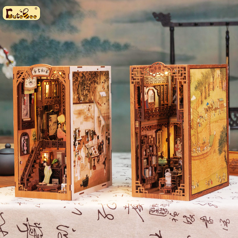 CUTEBEE Chủ đề Trung Quốc DIY Book Nook Kit nhà búp bê ngôi nhà búp bê mô hình nhà gỗ Có nắp che bụi