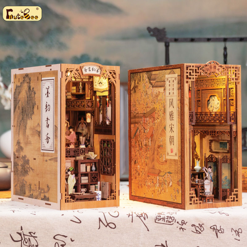 CUTEBEE Chủ đề Trung Quốc DIY Book Nook Kit nhà búp bê ngôi nhà búp bê mô hình nhà gỗ Có nắp che bụi