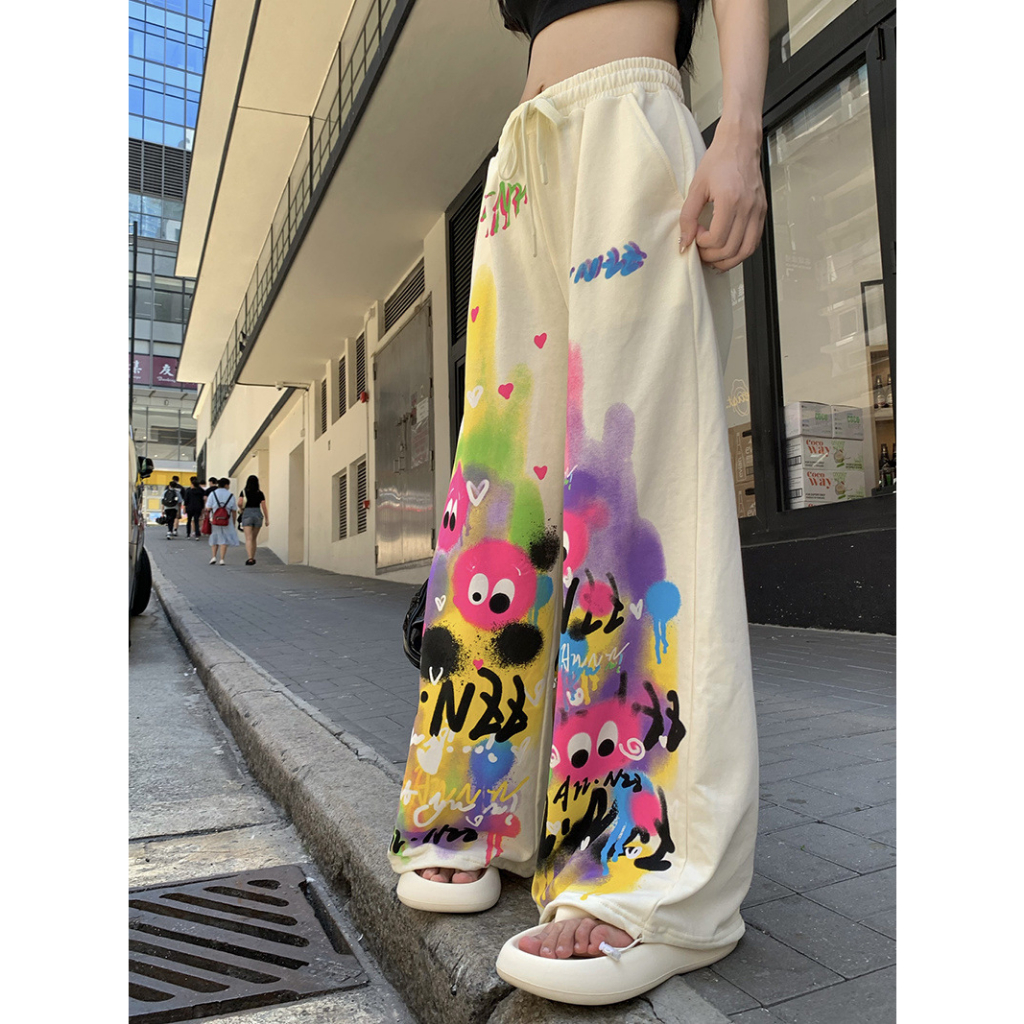 Quần dài XINLANYASHE ống rộng lưng cao phối dây rút in họa tiết graffiti đơn giản thời trang