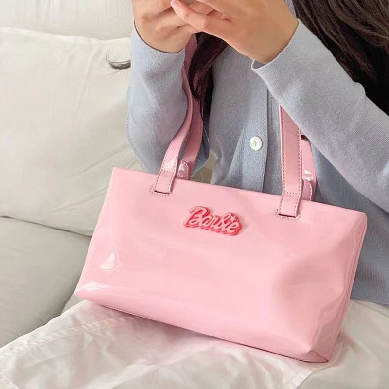 Túi đeo một bên vai SUPERCUTE bằng da PU bóng in họa tiết Barbie đơn giản