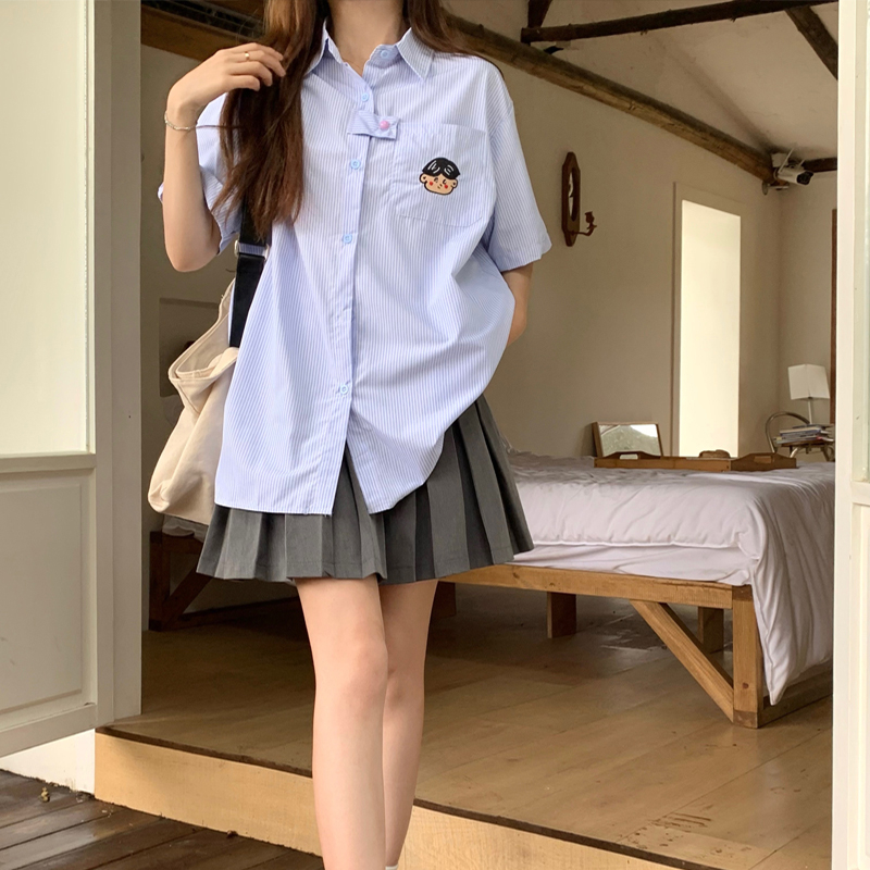 LIVE GREAT Áo Thun Ngắn Tay Họa Tiết Kẻ Sọc Màu Xanh Dương Phong Cách Hàn Quốc Thời Trang Mùa Hè Mới Cho Nữ