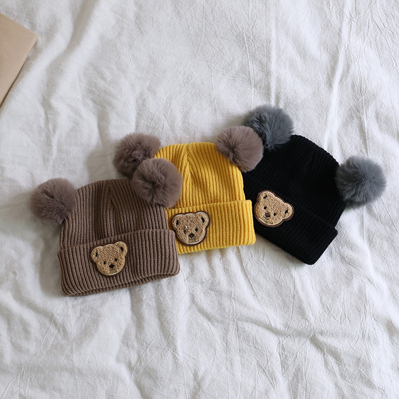 Mũ Len Dệt Kim Chất Lượng Cao Phong Cách Hàn Quốc Hình Gấu Hoạt Hình Giữ Ấm Cho Bé Sơ Sinh