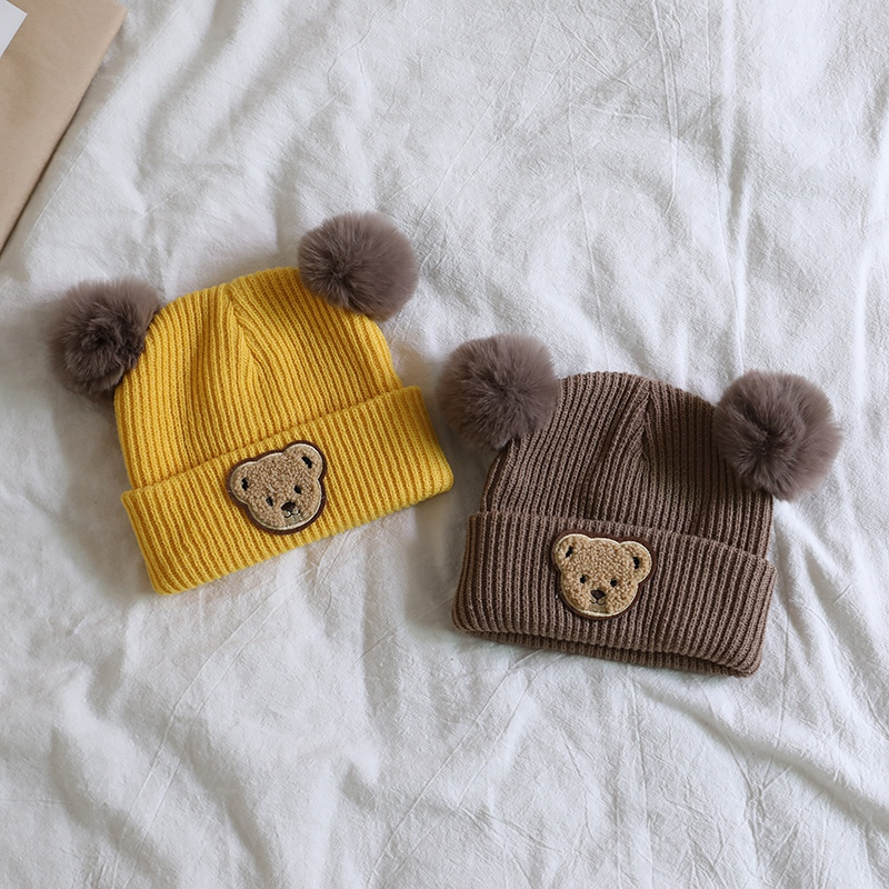 Mũ Len Dệt Kim Chất Lượng Cao Phong Cách Hàn Quốc Hình Gấu Hoạt Hình Giữ Ấm Cho Bé Sơ Sinh