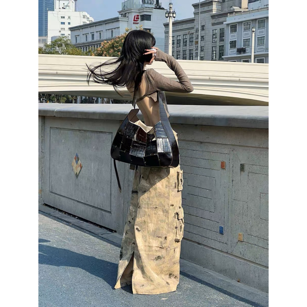 Áo sweater Ngắn Hở Lưng Màu Trơn Phong Cách retro Đường Phố Mỹ Cho Nữ