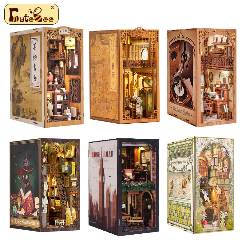 CUTEBEE DIY Book Nook Kit DIY nhà búp bê ngôi nhà búp bê mô hình nhà gỗ câu đố giáo dục Có nắp che bụi