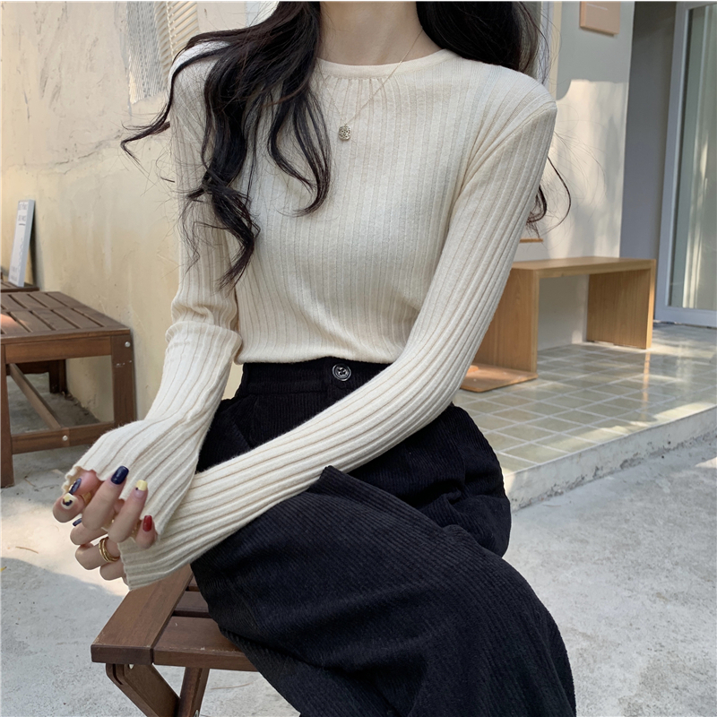 NUZIRO Áo Thun Dệt Kim Tay Dài Cổ Tròn Dáng Ôm Thời Trang Mùa Thu Cho Nữ