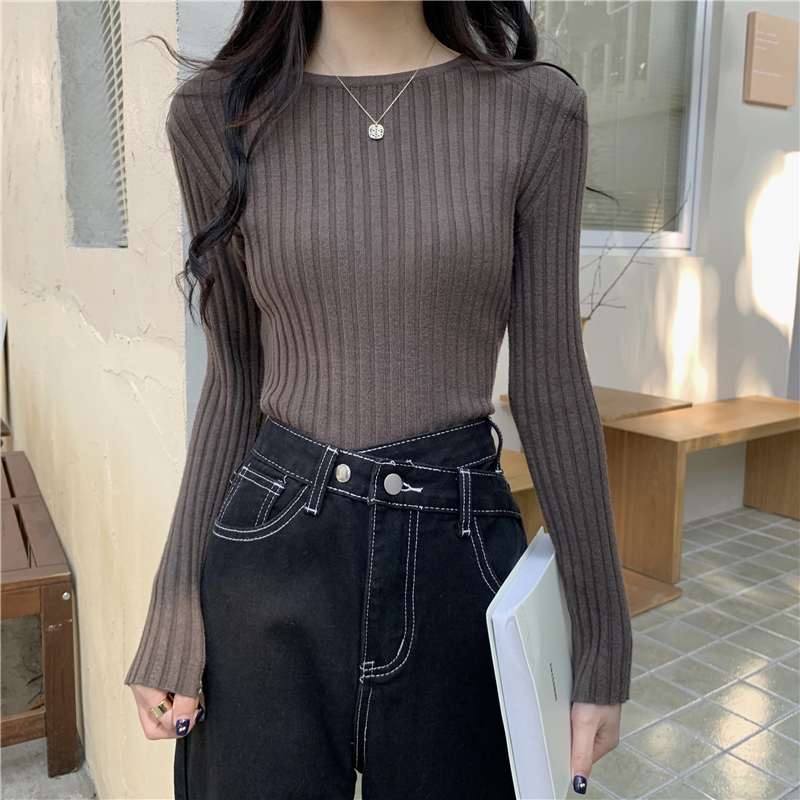 NUZIRO Áo Thun Dệt Kim Tay Dài Cổ Tròn Dáng Ôm Thời Trang Mùa Thu Cho Nữ