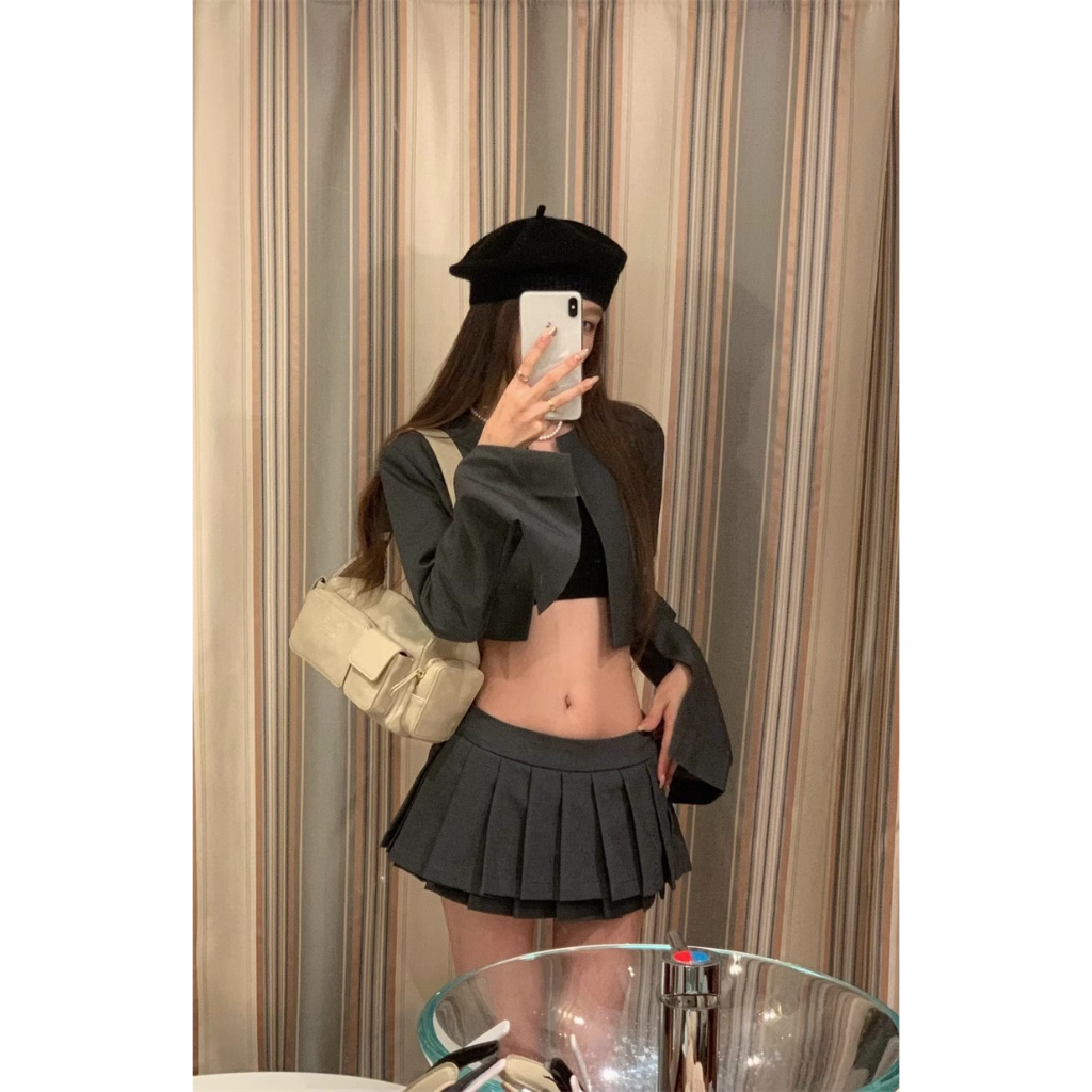 Bộ Áo Khoác cardigan Dài Tay Mỏng + Chân Váy Chữ a Xếp Ly Thời Trang