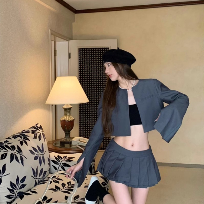 Bộ Áo Khoác cardigan Dài Tay Mỏng + Chân Váy Chữ a Xếp Ly Thời Trang