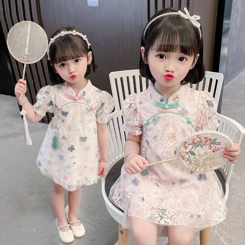 Đầm Sườn Xám Tay Ngắn Phối Ren Lưới Thời Trang Mùa Hè Xinh Xắn Cho Bé Gái