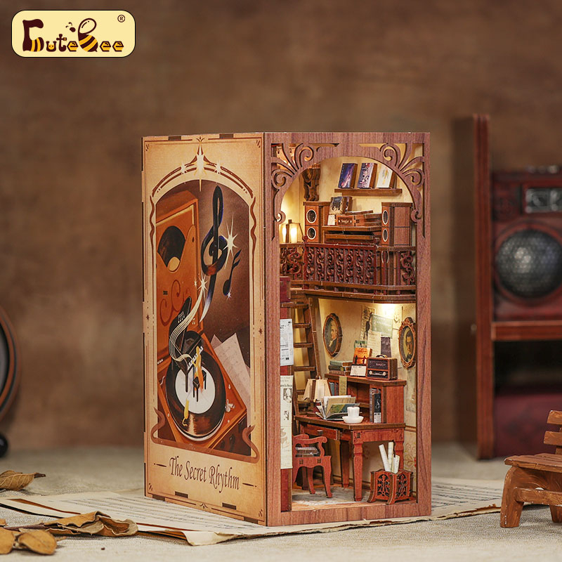 CUTEBEE DIY Book Nook Kit DIY nhà búp bê ngôi nhà búp bê mô hình nhà gỗ câu đố giáo dục Có nắp che bụi
